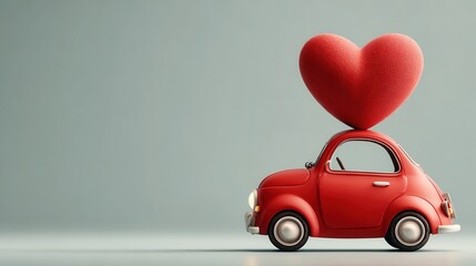 A charming red toy car topped with a large heart, symbolizing love and affection, set against a minimalist background.