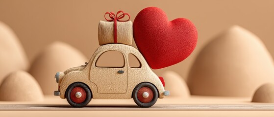 A cute miniature car carries a gift and a heart, set against a soft, abstract backdrop, symbolizing love and adventure in a playful way.
