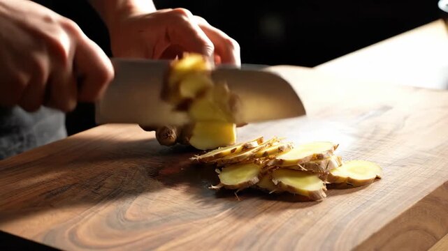 Hands skillfully slice fresh ginger on a wooden board, the warm light of the kitchen bringing a touch of magic to the culinary process as evening approaches.