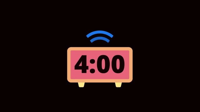 Digital Alarm Clock 4:00 Time Reminder Animation On Black Background. 4:00 AM PM Alarm Clock Flat Motion Graphic. Clock Alarm Notification Minimal Animation