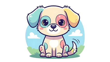 Cute cartoon puppy with colorful spots sitting in a grassy field