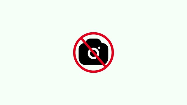Photography prohibited sign animation on black background. Animation of no use camera Sign for Privacy Zones and Restricted Areas. camera not allowed area. Red Prohibited sign on Camera icon animation