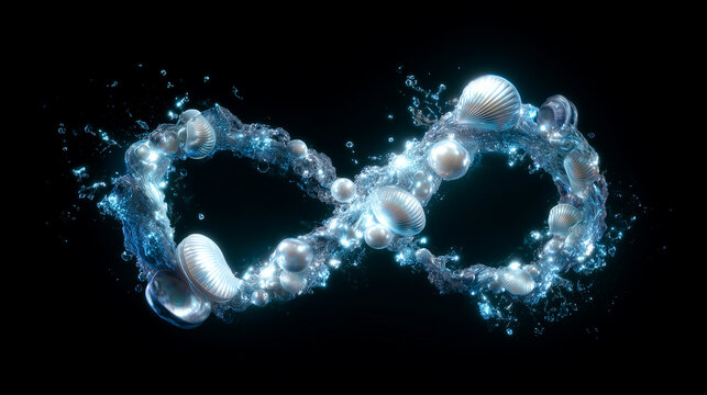 黒背景に浮かぶ真珠と貝殻を纏った水と泡の無限大記号