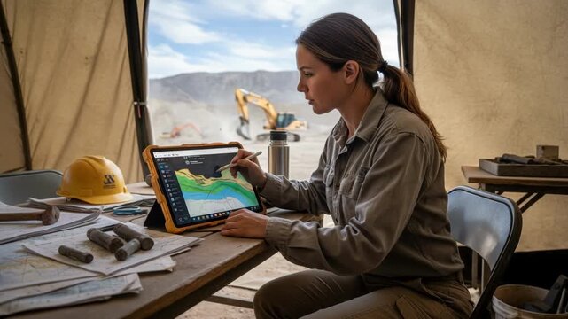 Medium shot of a geologist analyzing coal layer maps with digital tools on a tablet in a field office setting.