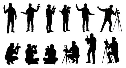Fototapeta premium Photographers capturing moments from various viewpoints with cameras and equipment in different poses and settings.