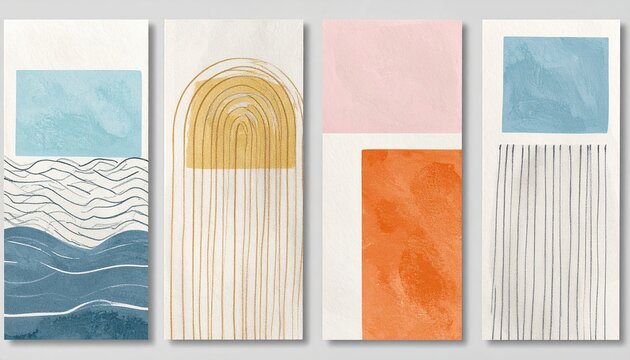 Four vertical abstract art panels with muted colors and organic shapes