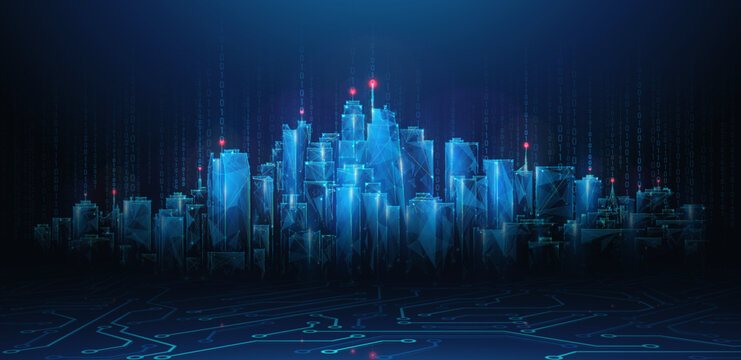 Lowpoly Night City Skyline With Circuit Board Floor and Binary Code. Cityscape of office buildings in virtual cyberspace. Vector illustration of cyber city in wireframe mesh style on blue background