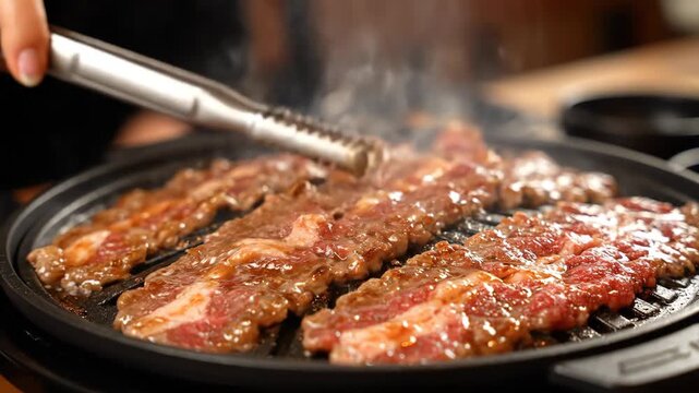 Sizzling marinated beef cooking on a hot grill with tongs and steam