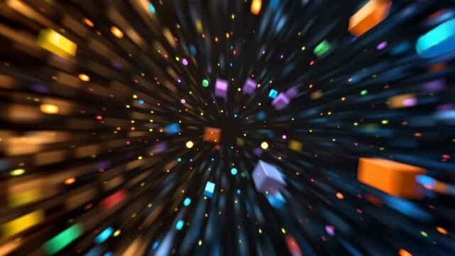 Colorful cubes and dots rush towards the viewer in a dark, streaky void