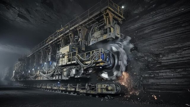 Medium shot of a hydraulic longwall shear automation system cutting coal with fluidpowered precision in an underground mining environment.
