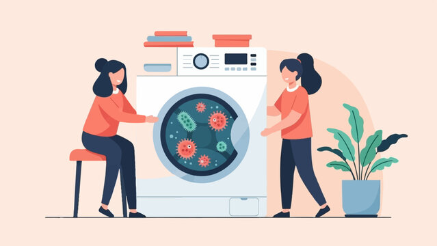Two women observe a washing machine drum filled with viruses and bacteria