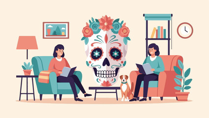 Two women reading in armchairs next to a decorated skull and a dog