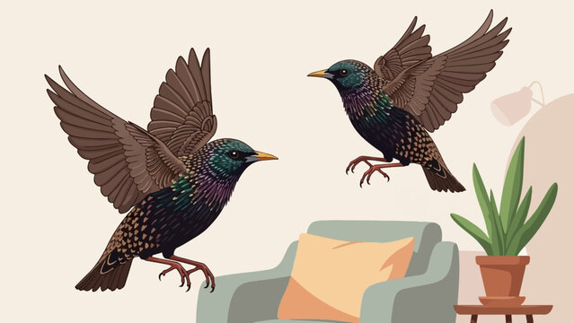 Two starlings in flight near a chair and potted plant