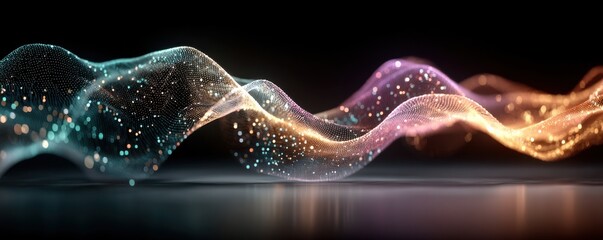 Abstract colorful digital waves with glowing particles on a dark background