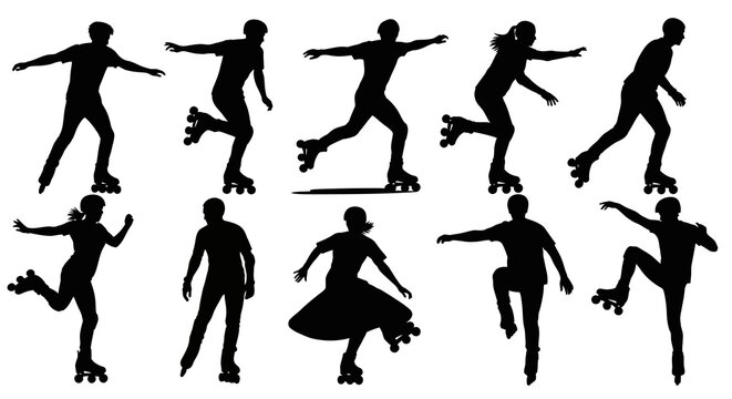 Group of people roller skating in various dynamic poses on a rink, captured from multiple viewpoints.