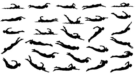 Fototapeta premium Multiple divers in various poses and diving positions illustrated in a collection of silhouettes