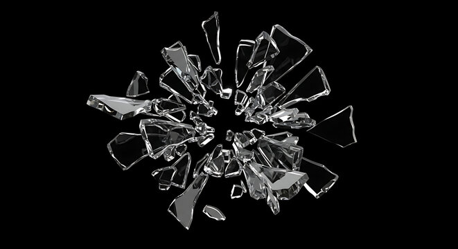 A shattered glass explosion on a black background with sharp fragments