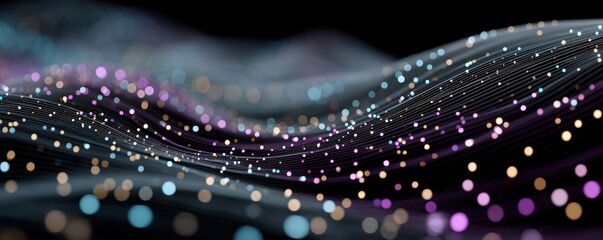Abstract digital waves with colorful glowing particle patterns on dark background
