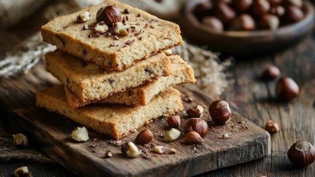 Video A stack of three cookies sits on top of a wooden cutting board, great for baking or decorating
