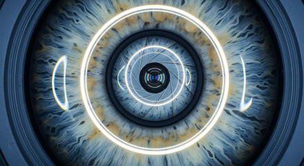 A close-up view of a futuristic eye with neon lights