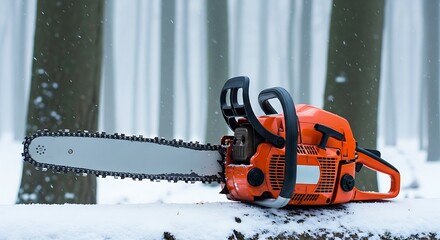 Naklejka premium A professional orange chainsaw rests on a snow-covered log amidst a foggy winter forest with blurred trees