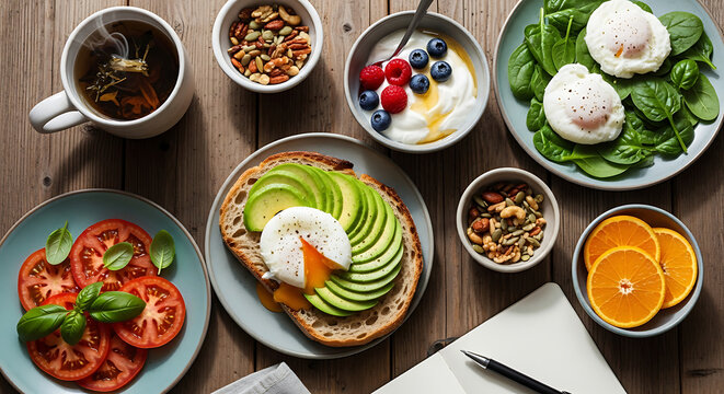 A delicious and healthy breakfast spread on a wooden table