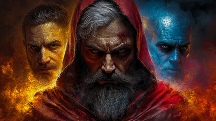 Intense cinematic portrait of three menacing warlords in dark fantasy setting, featuring central hooded figure flanked by fiery yellow and icy blue spectral counterparts.
