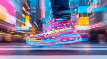 Dynamic close-up of futuristic sneaker with vibrant digital glitch pattern, captured mid-air against neon motion blur of high-speed city street.