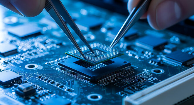 A person using tweezers to handle a small electronic component on a circuit board