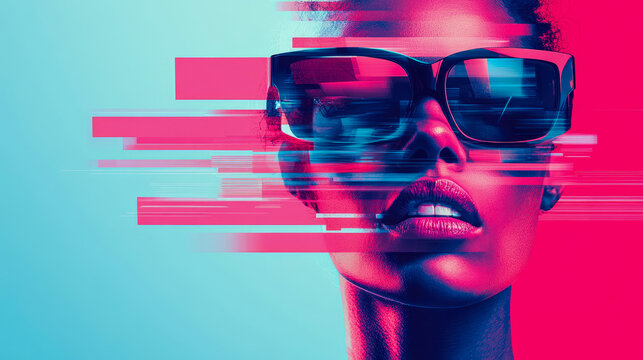 Close-up portrait of woman with oversized sunglasses, her face fragmented with digital glitches and vibrant neon pink and cyan light streaks, conveying futuristic or cyberpunk aesthetic.