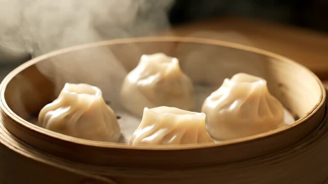 Steaming hot traditional Asian dumplings in a bamboo steamer