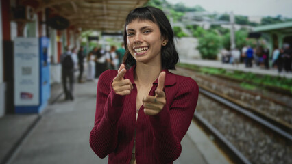 Fototapeta premium Woman points finger toward railway tracks at train station platform while smiling slightly; confidence.