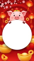 Cute pig character holding blank white circle on red Chinese New Year background with lanterns, plum blossoms and gold coins for festive greeting design.