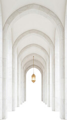 Obraz premium A long and elegant white marble arched hallway with a single hanging lantern leading to a dark opening on a transparent background.