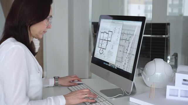 Female architect working on computer, developing residential floor plans and blueprints, creating innovative designs. Business and architecture concept