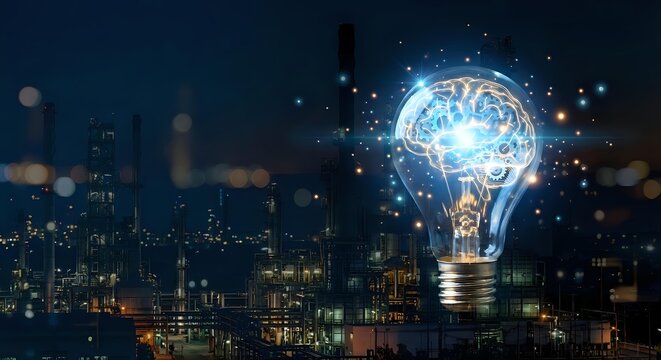 Glowing brain lightbulb with digital network connections floating above illuminated city skyline at night representing innovation and creative thinking.
