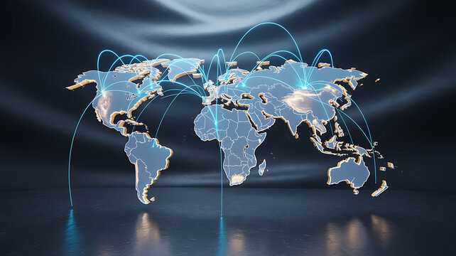 Stylized world map with glowing lines connecting continents, symbolizing global connections and communication.