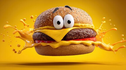 Funny Cartoon Cheeseburger Splash Background with Melting Cheese