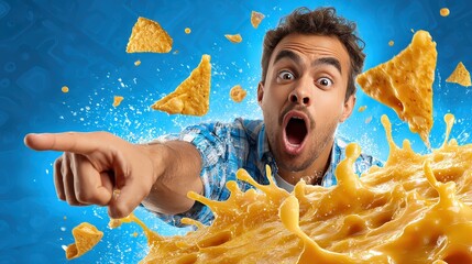 Excited Man with Flying Tortilla Chips and Nacho Cheese Splash