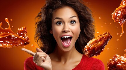 Excited Woman with Delicious Spicy BBQ Chicken Wings Party Food