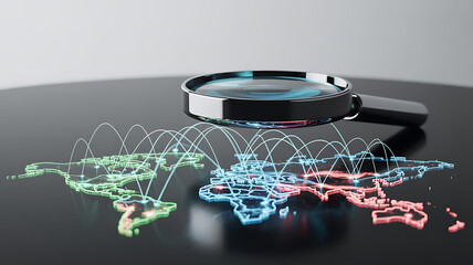 Magnifying glass over glowing world map connecting continents, representing global connectivity and analysis