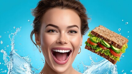Happy Woman with Healthy Vegetable Sandwich and Water Splashes