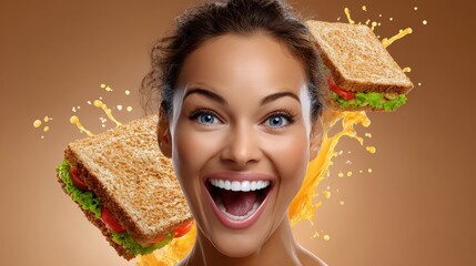 Excited Woman With Delicious Fresh Club Sandwiches and Juice Splashes