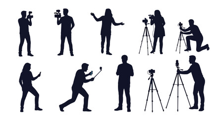 Fototapeta premium Photographers and models posing with equipment in studio setting from various viewpoints