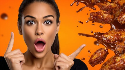 Surprised Woman with Crispy Spicy Chicken Wings and Sauce Splash