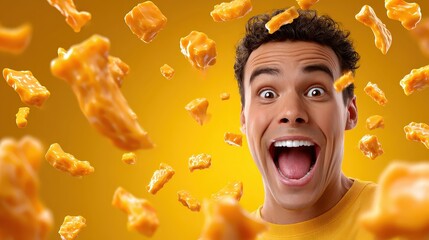 Excited Man with Flying Crispy Chicken Nuggets Party Snacks
