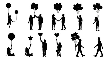 Silhouetted couples and individuals holding balloons and stars in various poses and actions © Avra