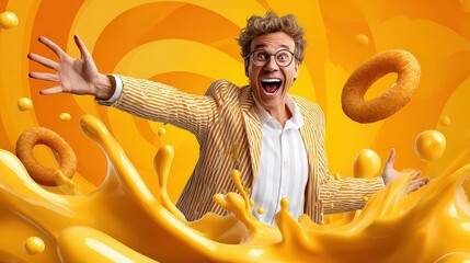 Happy Man with Floating Glazed Donuts and Yellow Splash