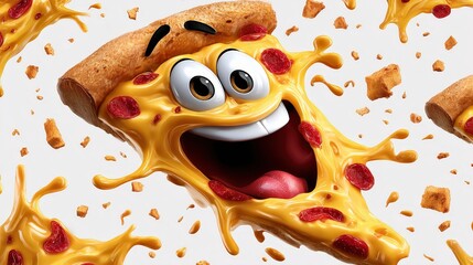 Happy Cartoon Pizza Slice with Melting Cheese and Pepperoni
