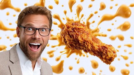 Surprised Man with Delicious Fried Chicken Leg and Sauce Splash
